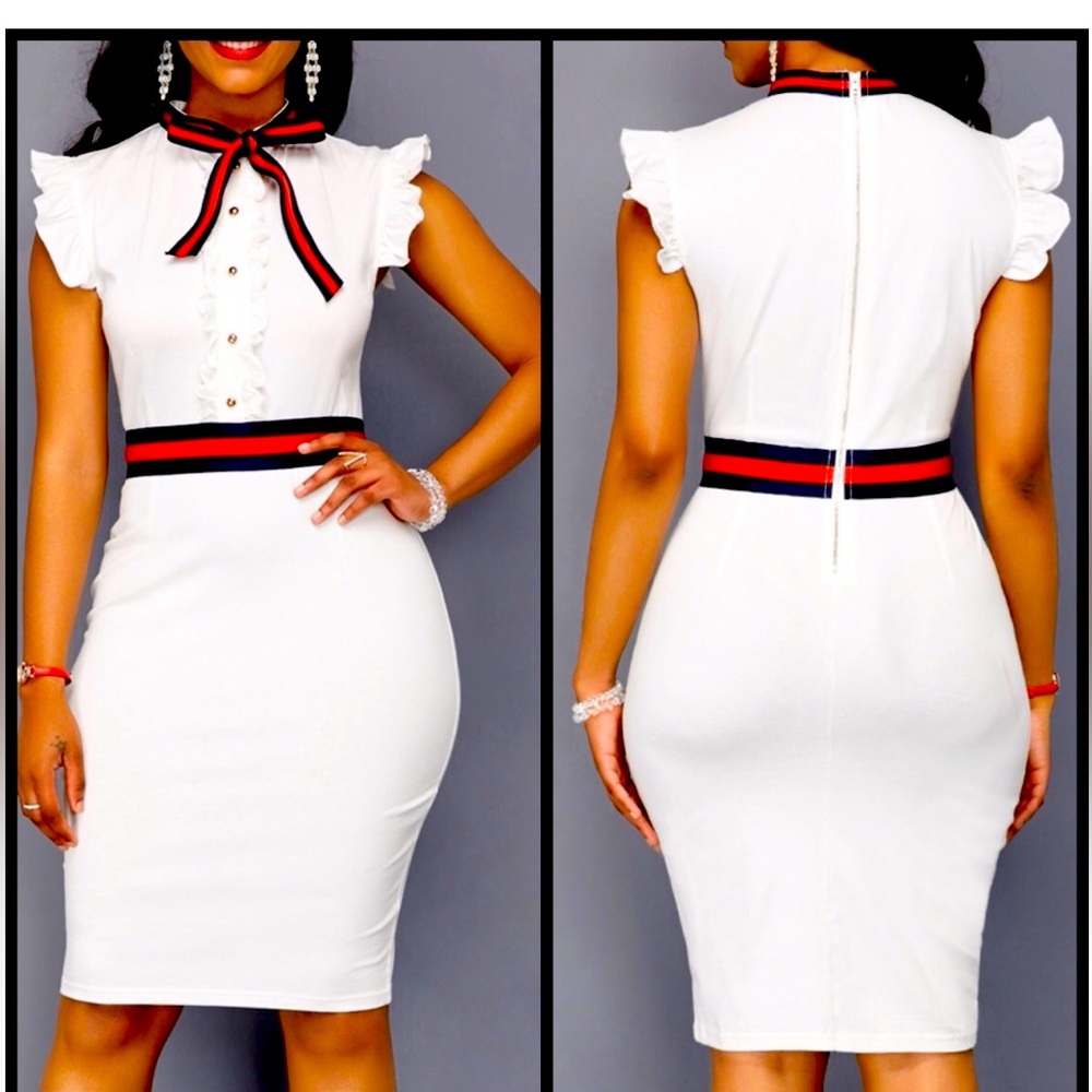 White Bodycon Dress with red/navy strip accent